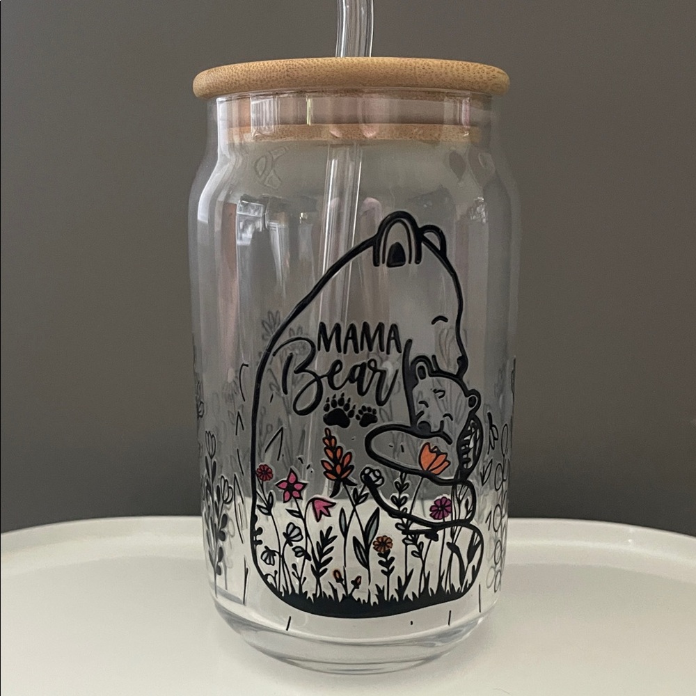 Mama Bear Glass Tumbler with Straw